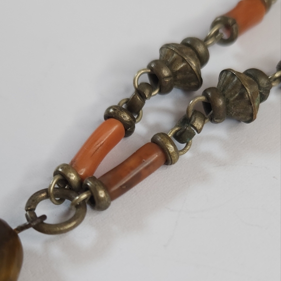 Vintage Yemeni Coral & Black Onyx Stone Beaded Tiger Eye Teardrop Stone Necklace - Picture 7 of 16